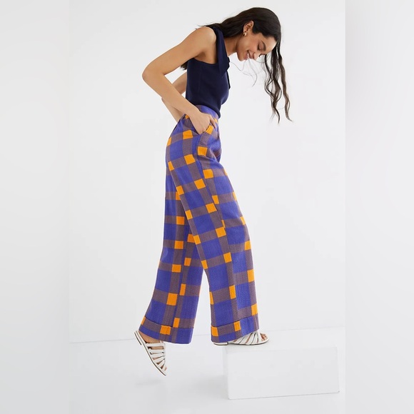 Anthropologie Porridge Preppy Plaid Indie WideLeg Pant Purple & Orange Sz M EUC - Picture 2 of 14